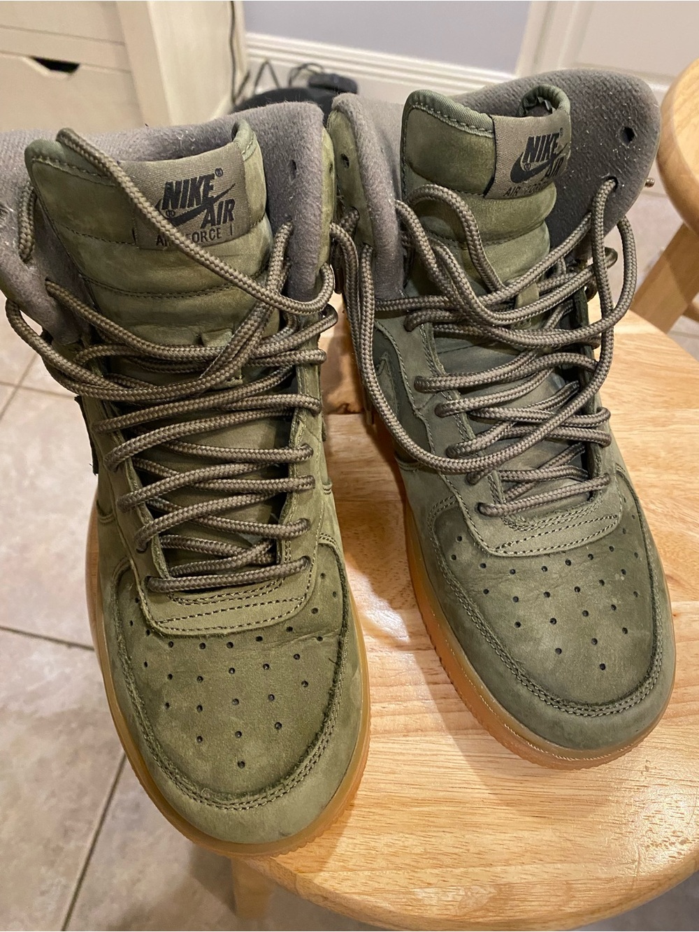 Air Force One Nike Mids Boots-Olive Green with Gum Sole Women’s 7.5 Boys 6y